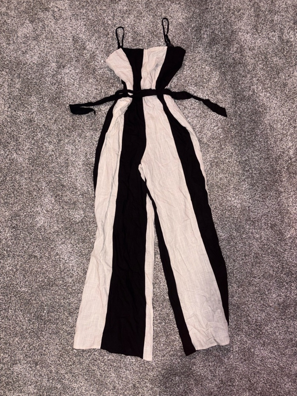 Striped Black & White Wide-Leg Linen Jumpsuit with Tie Waist